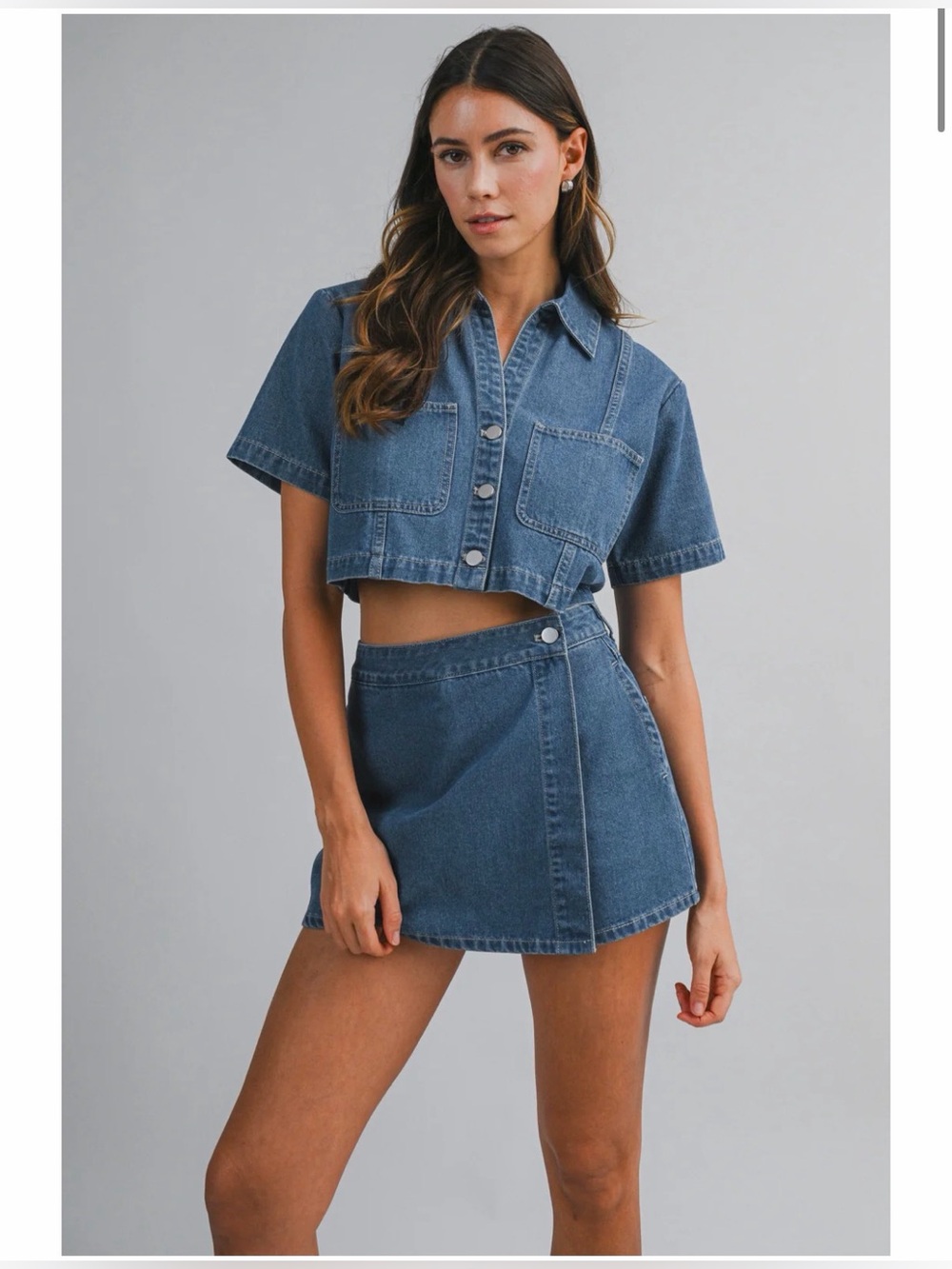 Denim Short Sleeve Collar Shirt And Skort Set